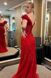 Red Prom Dress Appliqued Round Neck Mermaid Formal Dress With Puff Sleeves
